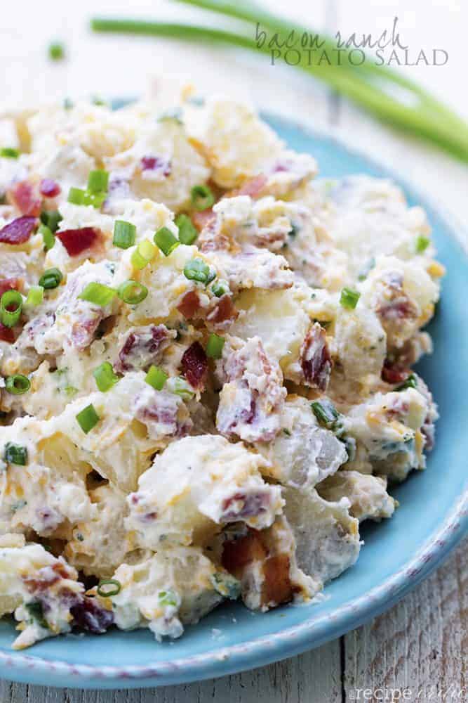 bacon ranch potato salad on a blue plate.