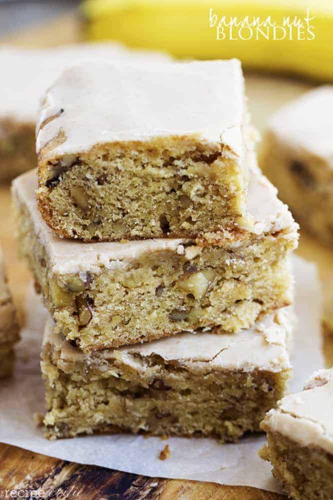 banana nut blondies in a stack.