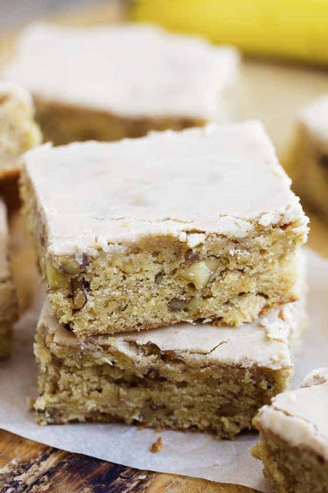 banana nut blondies in a stack of 2.