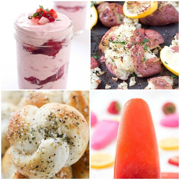 Favorites picture collage of 1.) No-Bake Strawberry Cheesecake Jars 2.) Smashed Herb Lemon Baked Potatoes 3.) Garlic Parmesan Knots 4.) Strawberry Lemonade Ice Pops