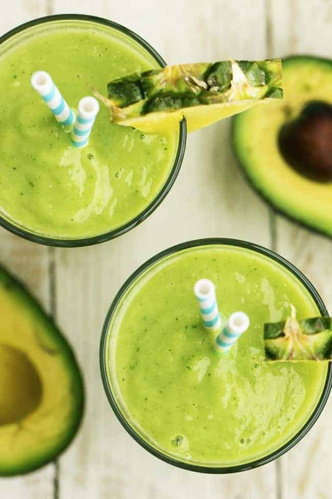 A top view of a finished smoothie in a glass.