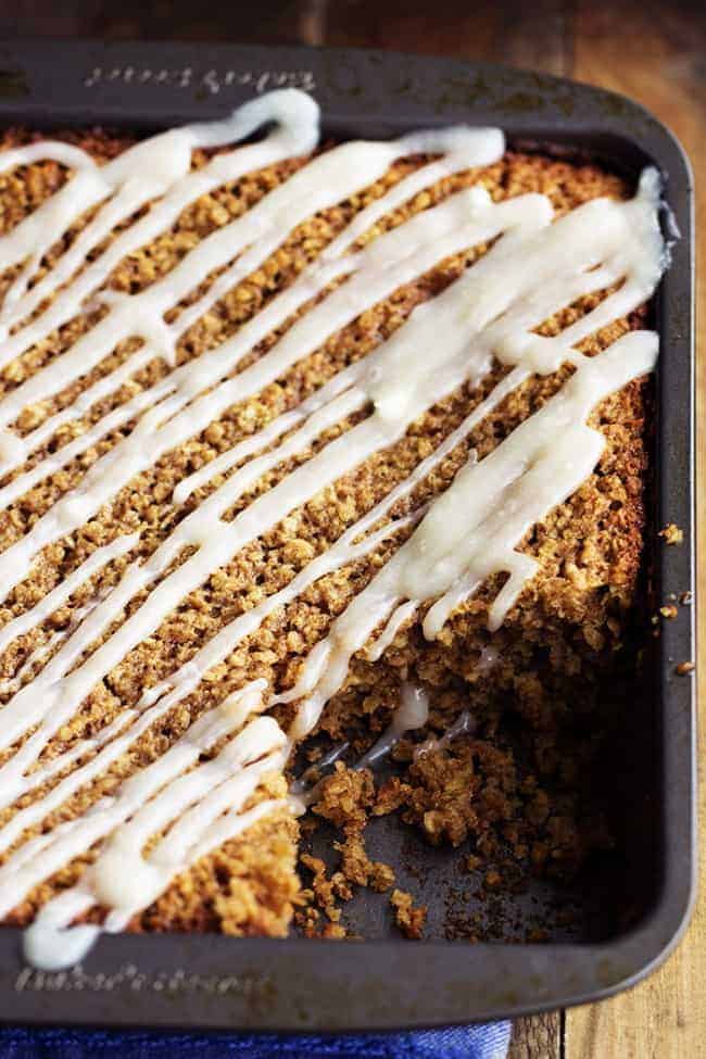 baked cinnamon roll oatmeal in a baking pan.