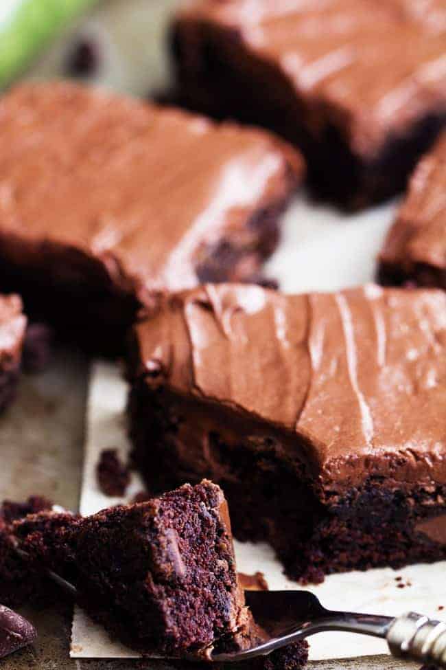 A bite of double chocolate zucchini brownies on a fork.