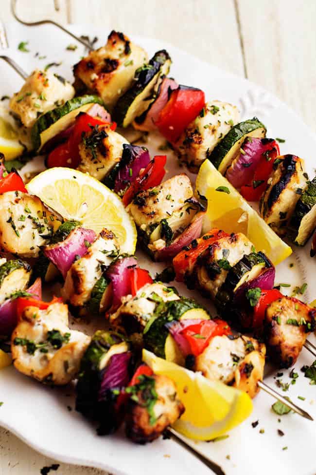 lemon garlic herb chicken on skewers.