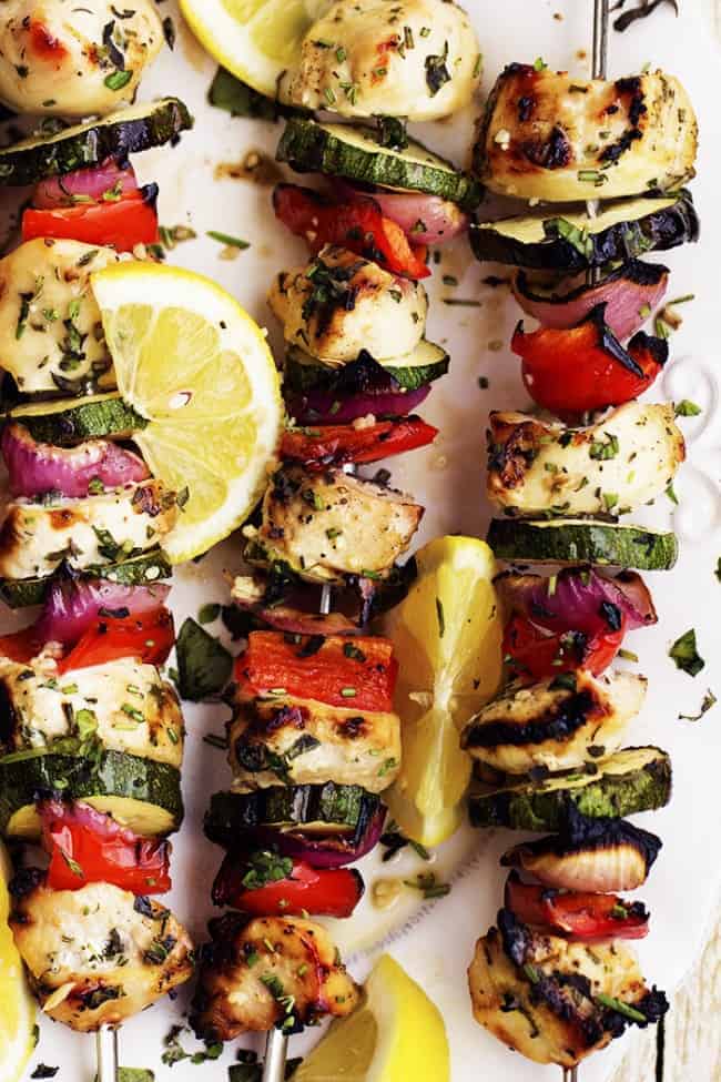 lemon herb garlic chicken skewers areal view.