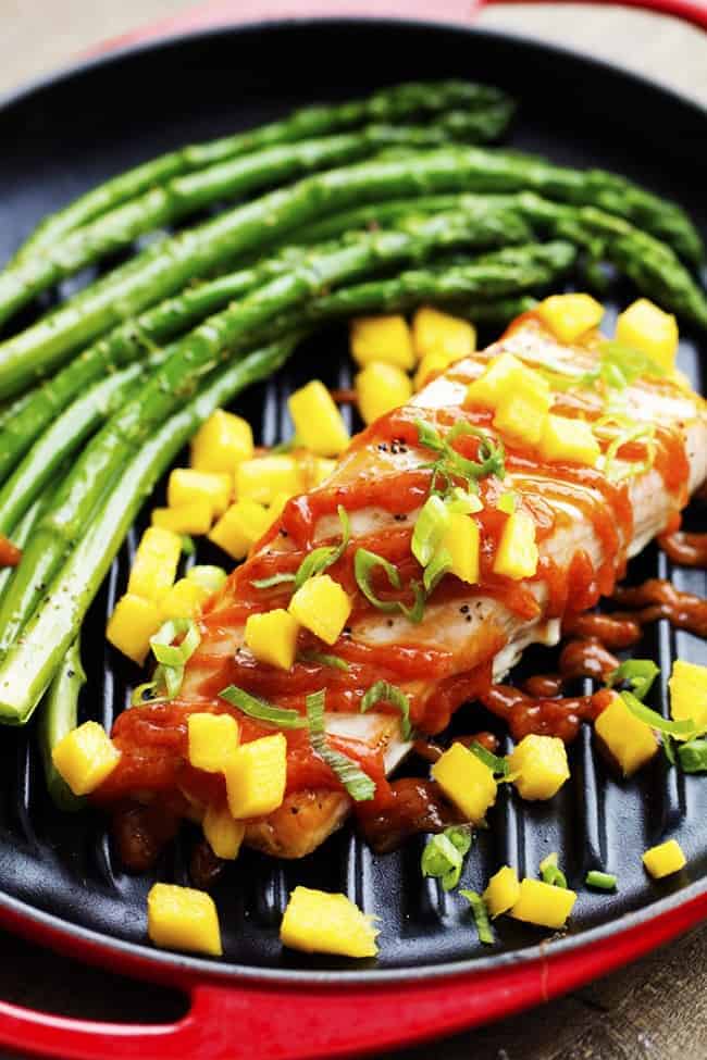 mango chipotle barbecue salmon with asparagus.