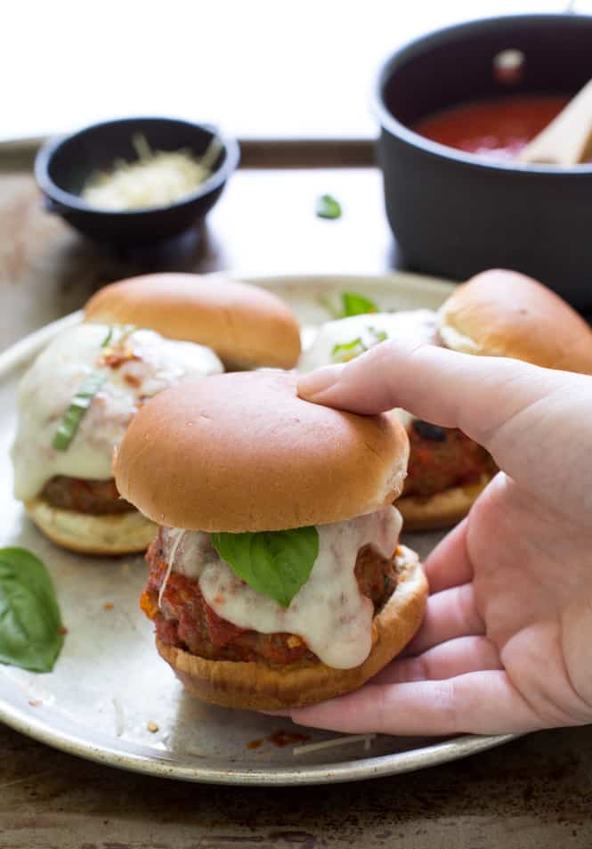 Easy Italian Meatball Sliders on a white plate!