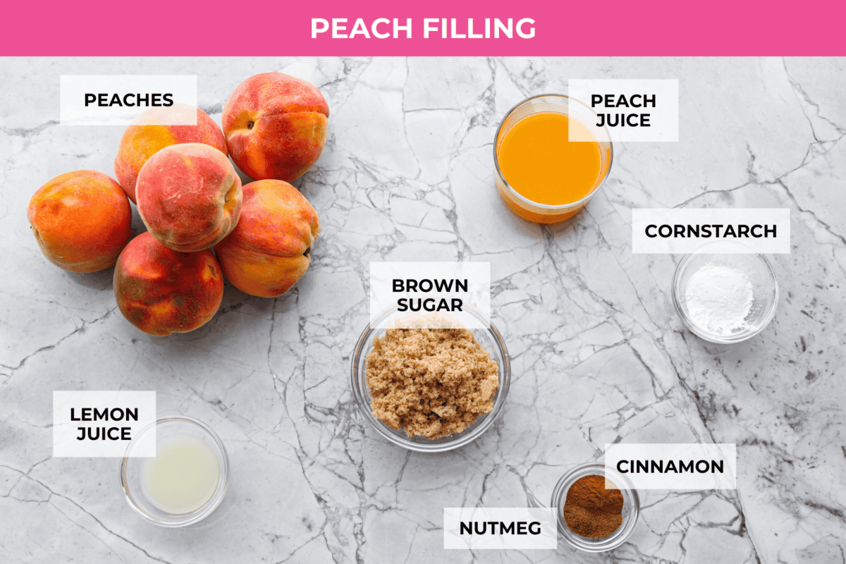 Overhead shot of labeled peach filling ingredients for peach cobbler. 