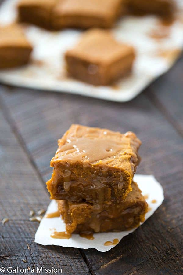 Pumpkin Pie Caramel Blondies in a stack.