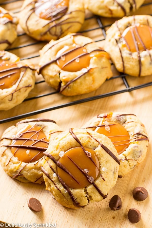 Salted Caramel Chocolate Chip Cookies on a drying rack.