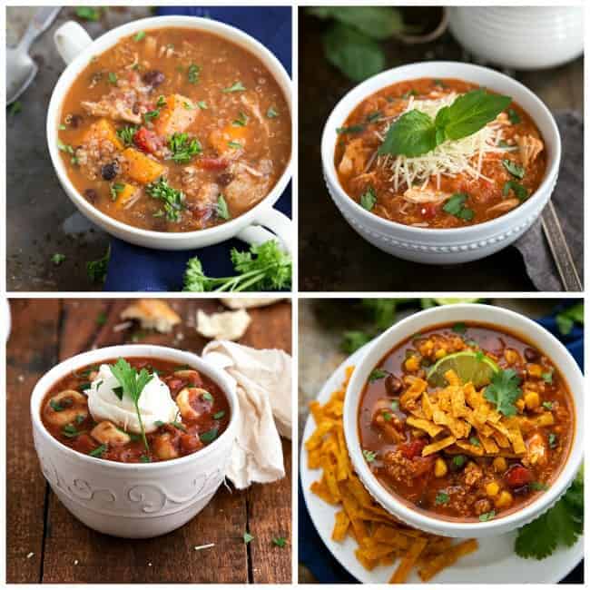 Collage of favorite soups: Crockpot Sweet Potato, Chicken, and Quinoa Soup, Crockpot Quinoa Chicken Parmesan Soup, Crockpot Tortellini Lasagna Soup, Crockpot Mexican Tortilla Chicken and Quinoa Soup