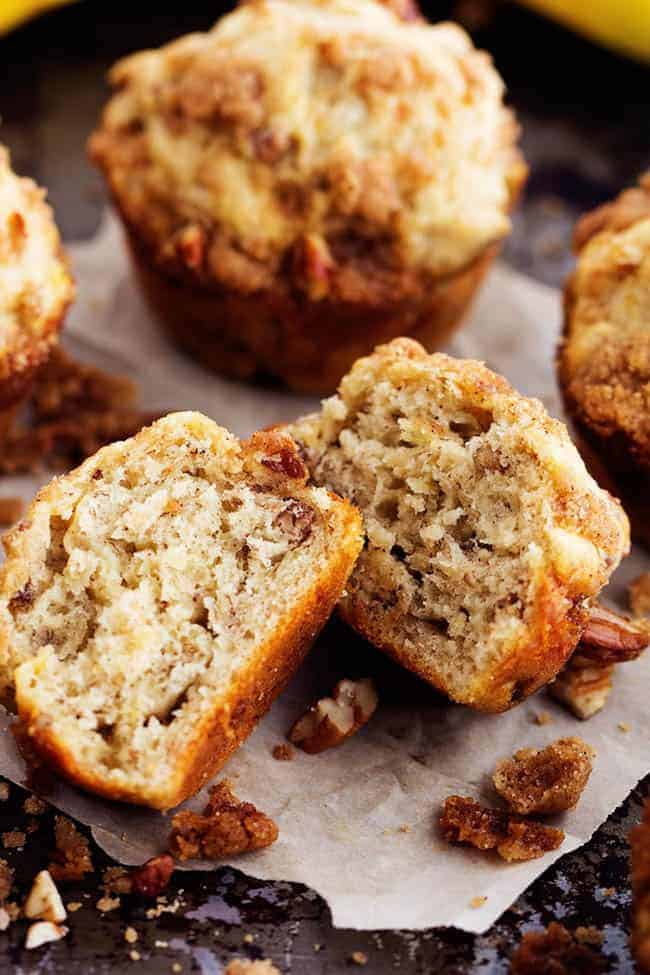 banana bread muffins cut in half.