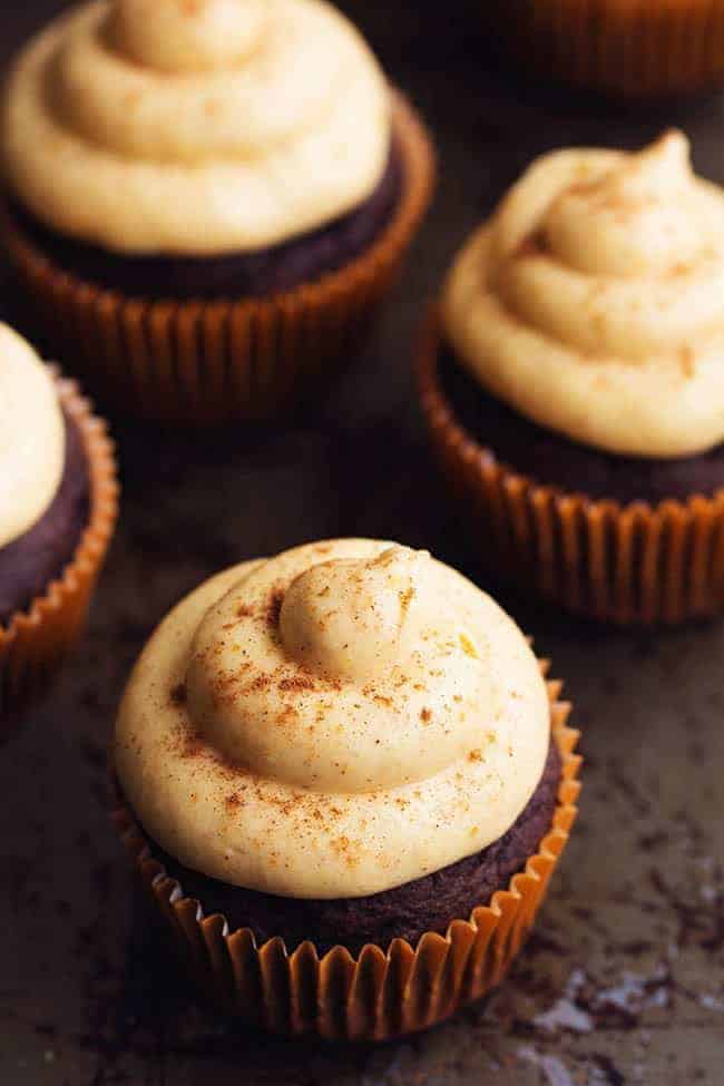 chocolate pumpkin cupcakes close up.