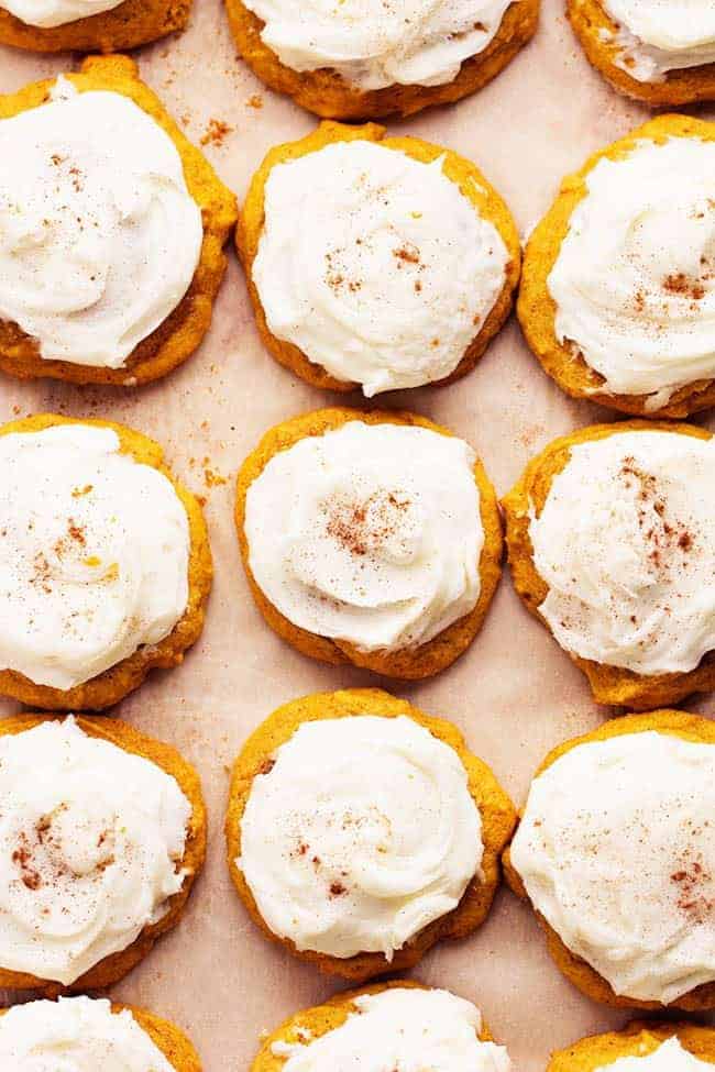 Areal view of pumpkin cookies in a row.