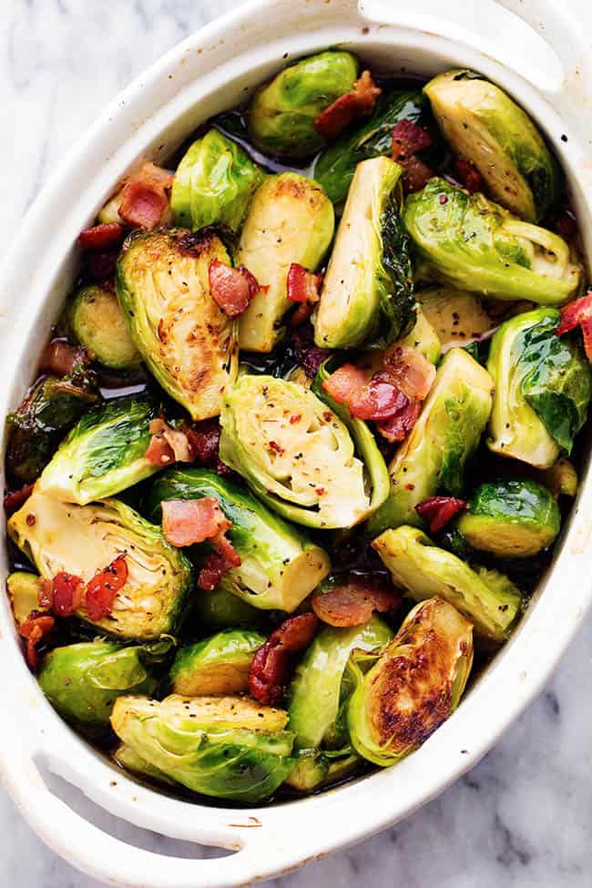 brussel sprouts in a white dish.