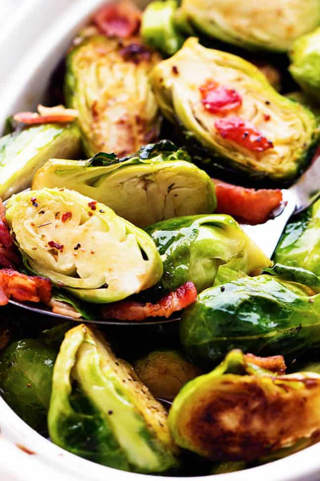 brussel sprouts in a white dish.