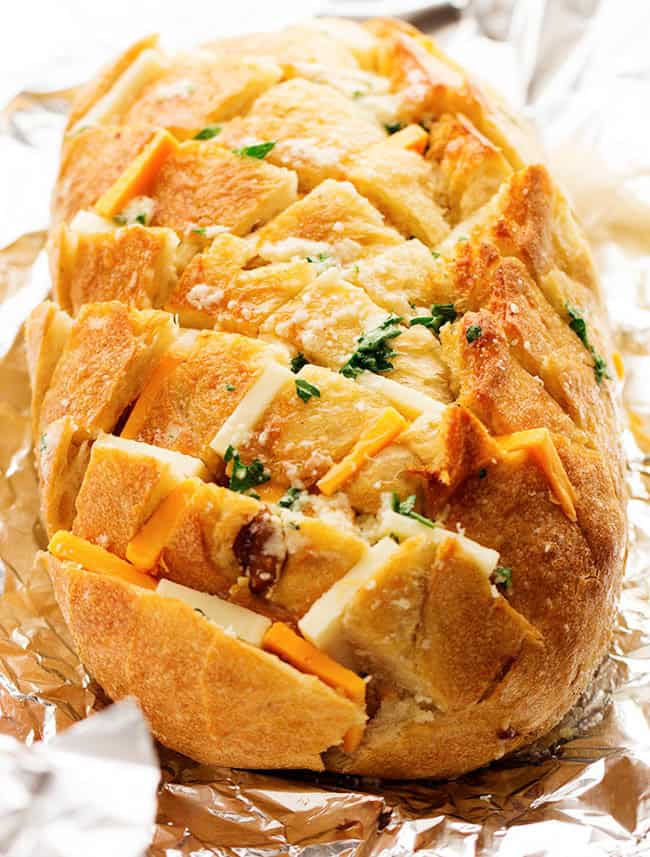 Close up of three cheese pull apart bread.