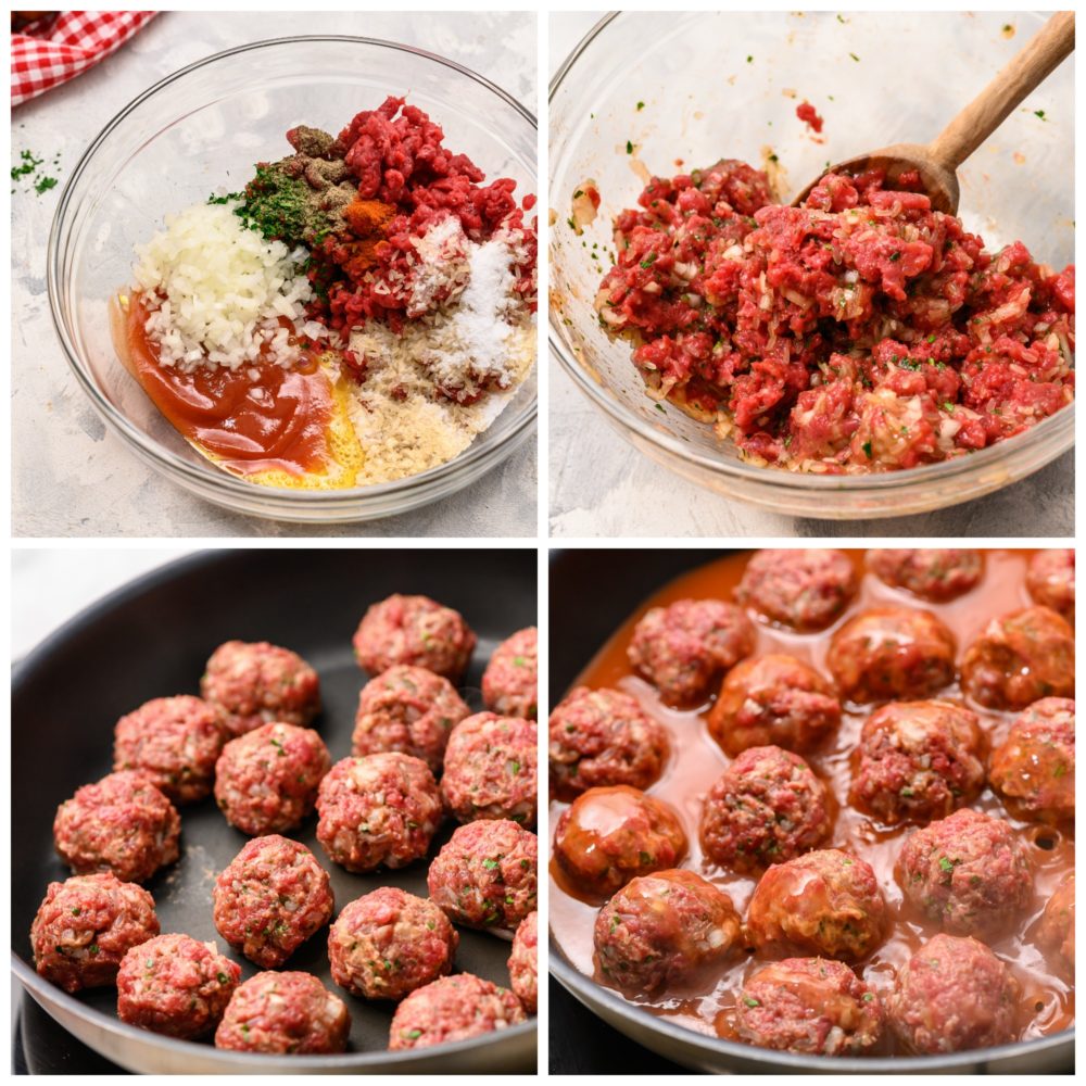 Making homemade meatballs but adding all of the ingredients together and mixing it until well combined then rolling into 1 in balls and cooking on a skillet until cooked through then adding a sauce over top of the meatballs. 