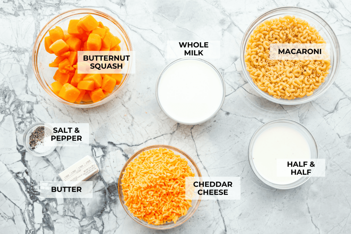 Overhead shot of labeled ingredients.