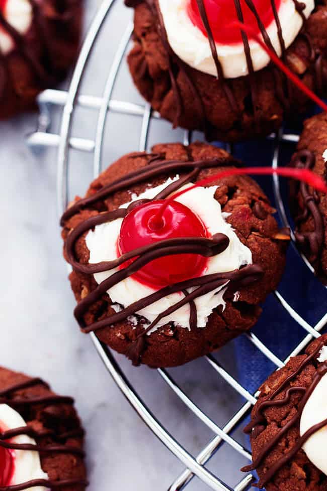 chocolate cherry delights close up areal view on a cooling rack.