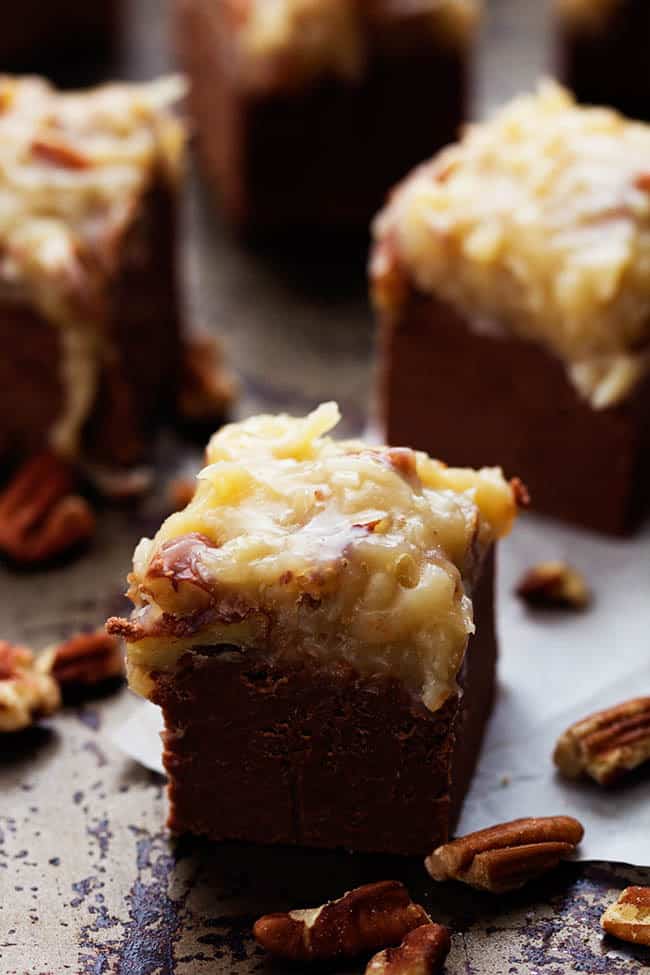 german chocolate fudge square close up.