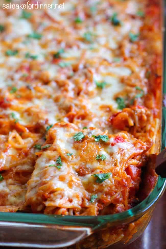 Baked Tex Mex Spaghetti Casserole in a glass baking dish.