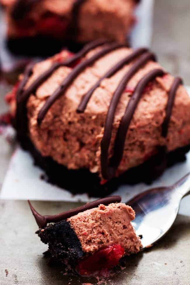 Chocolate Cherry Mousse Bars with a small amount on fork