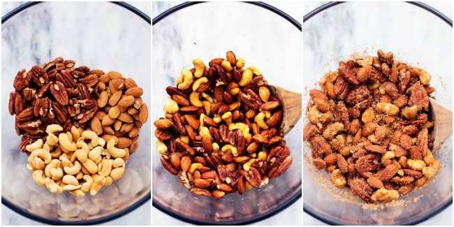 cinnamon sugar nuts collage showing each step to prepare them.