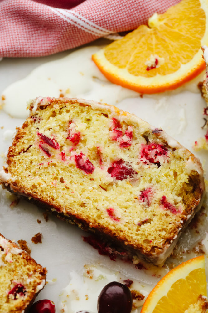 A slice of cranberry orange quick bread. 