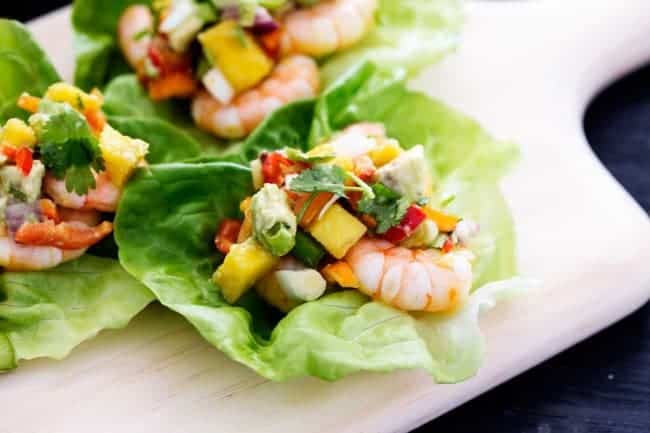 Lettuce wraps with shrimp and mango avocado salsa.