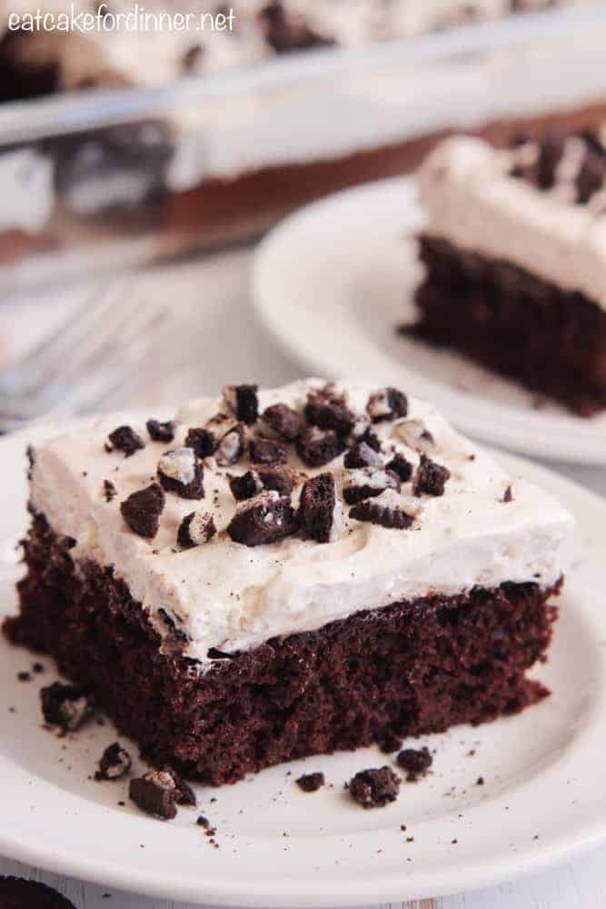 Skinny Cookies n Cream Cake on a white dish. 