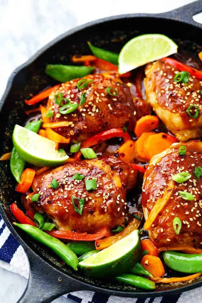 Thai Peanut Skillet Chicken with lime and other vegetables.