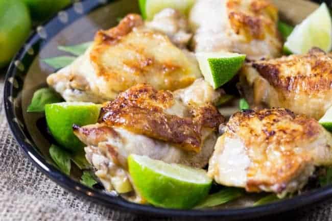 Coconut lime skillet chicken in a nice decorative bowl.