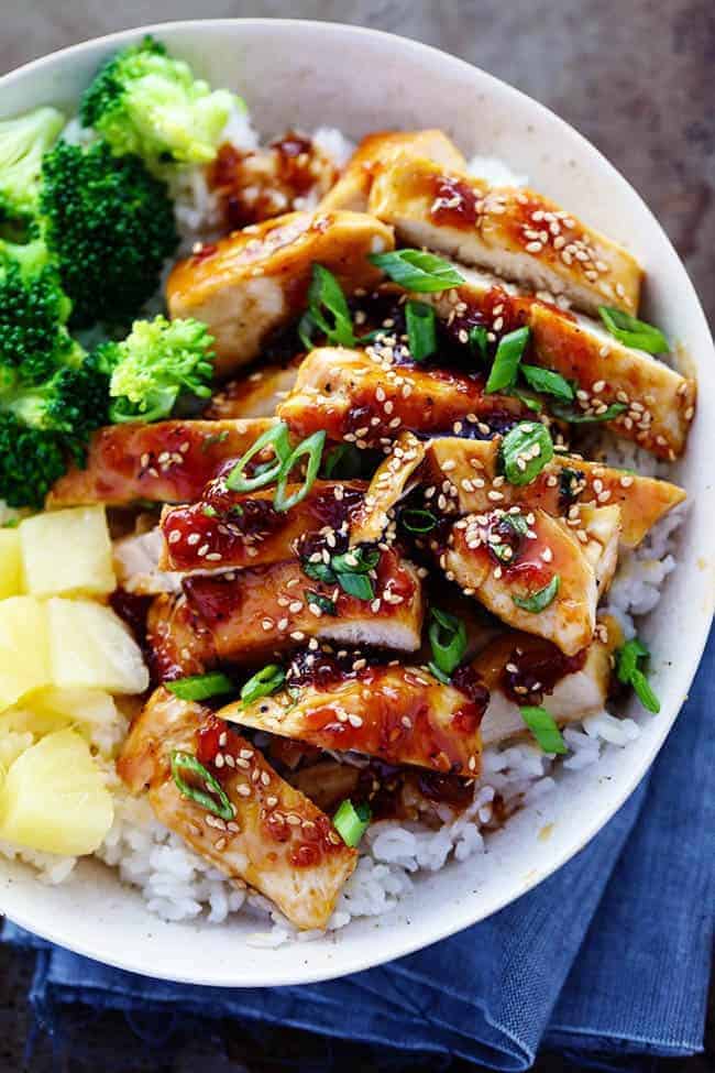 Teriyaki Chicken with broccoli, pineapple and rice in a bowl.