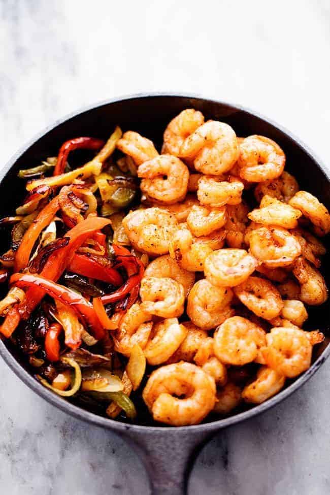 Creamy Shrimp Fajita Pasta Skillet in a large black skillet. 