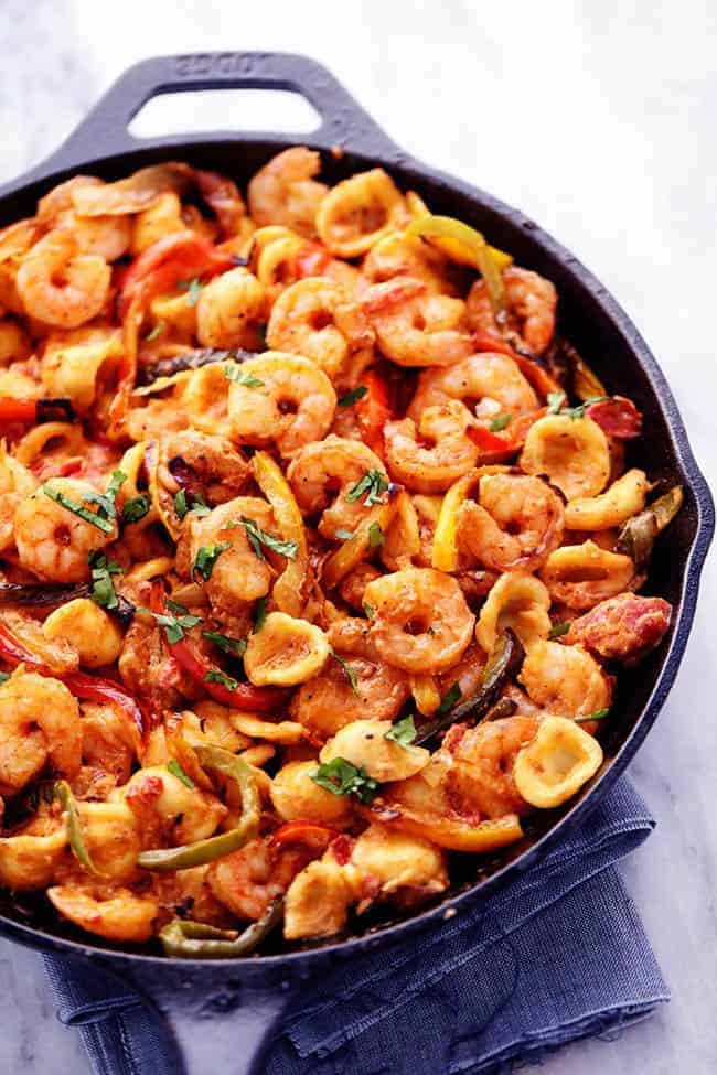 Creamy Shrimp Fajita Pasta Skillet in a large black skillet. 