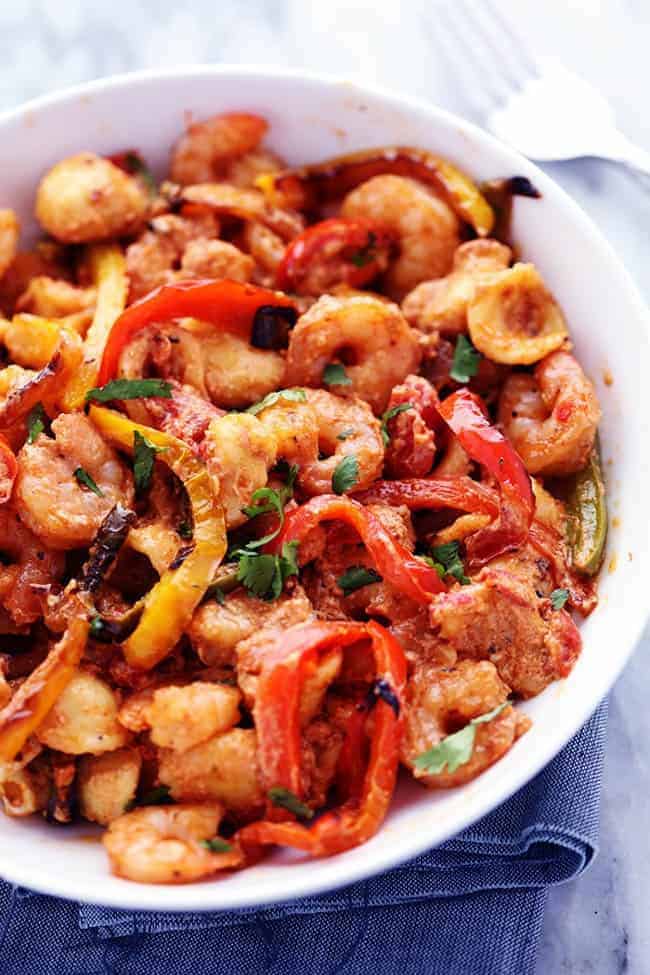 Close up photo of Creamy Shrimp Fajita Pasta Skillet in a white bowl. 