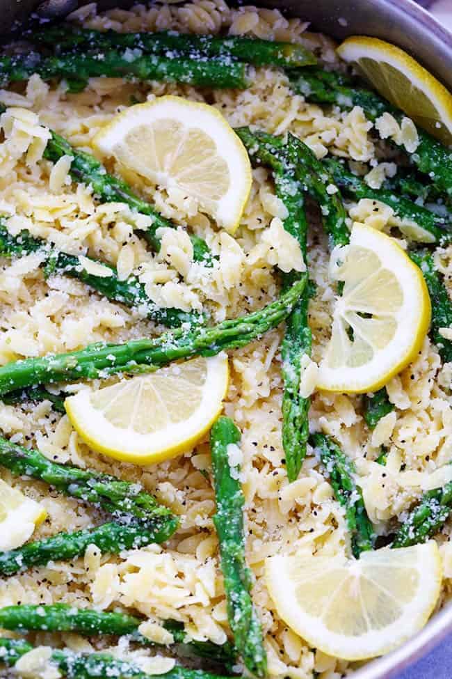 Close up photo of Lemon Parmesan Garlic Orzo with Asparagus.