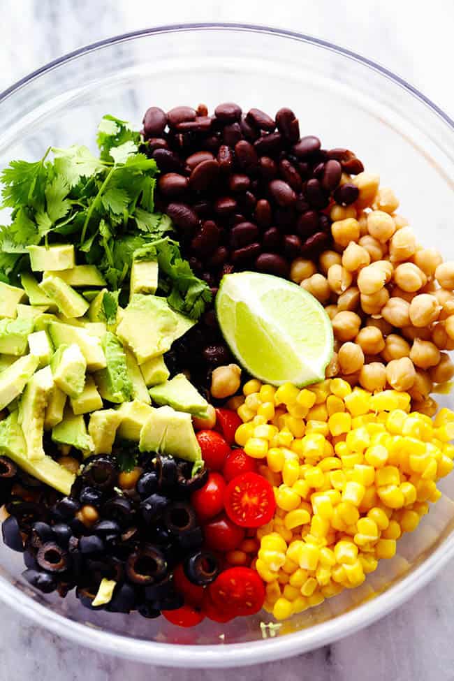 southwest chickpea salad ingredients in a bowl