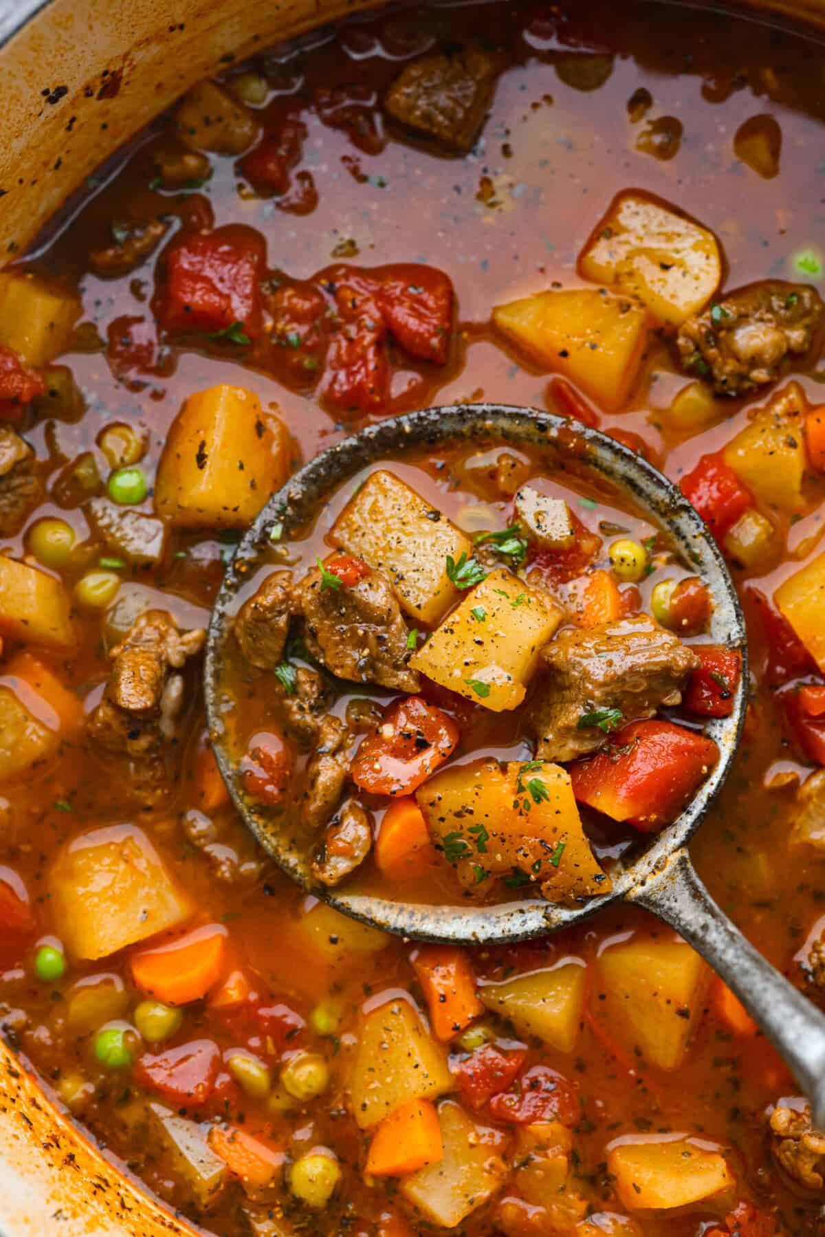 Top close view of a ladle lifting up vegetable beef soup from the pot.