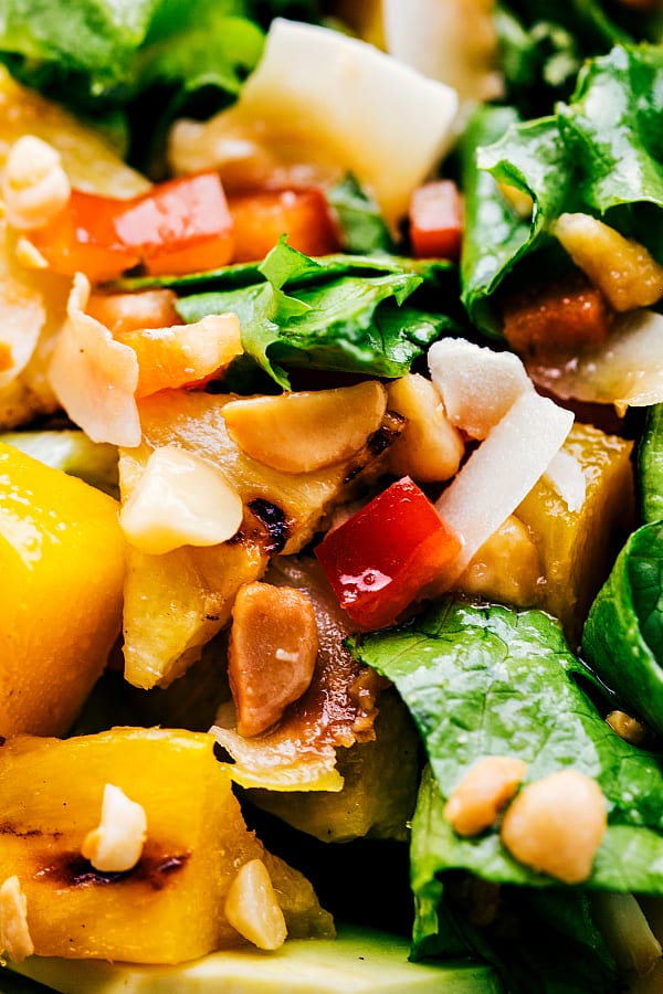 Up close photo of grilled mango and pineapple salad.