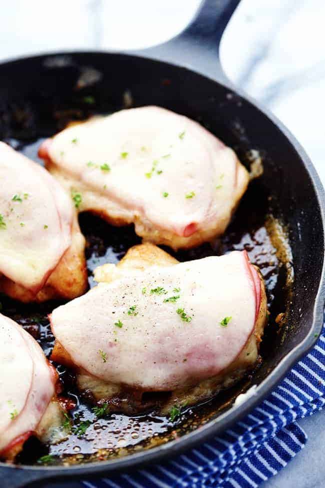 Honey Dijon Ham and Swiss Chicken in a skillet. 