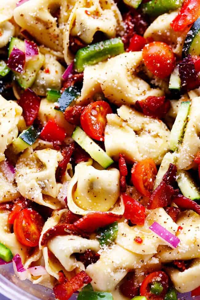 Close up photo of Zesty Tortellini Bacon Vegetable Salad.