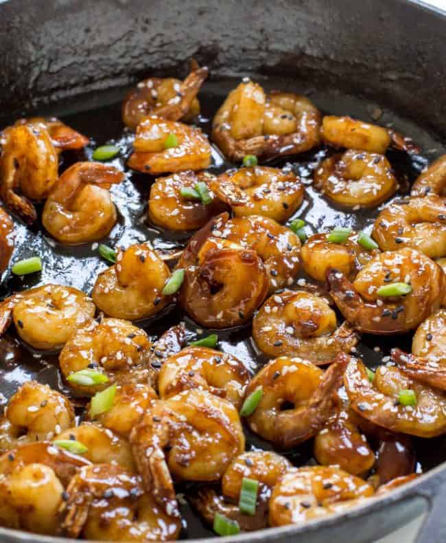 Hoisin Shrimp in a skillet. 