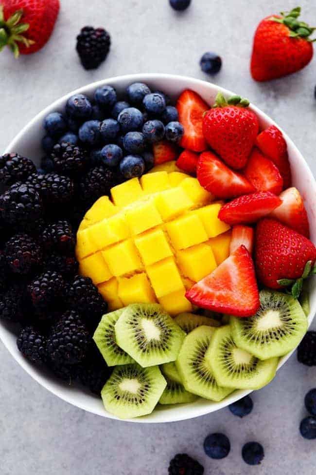 Blackberries, strawberries, blueberries, kiwi, and blackberries in a white bowl ready for mixing. 