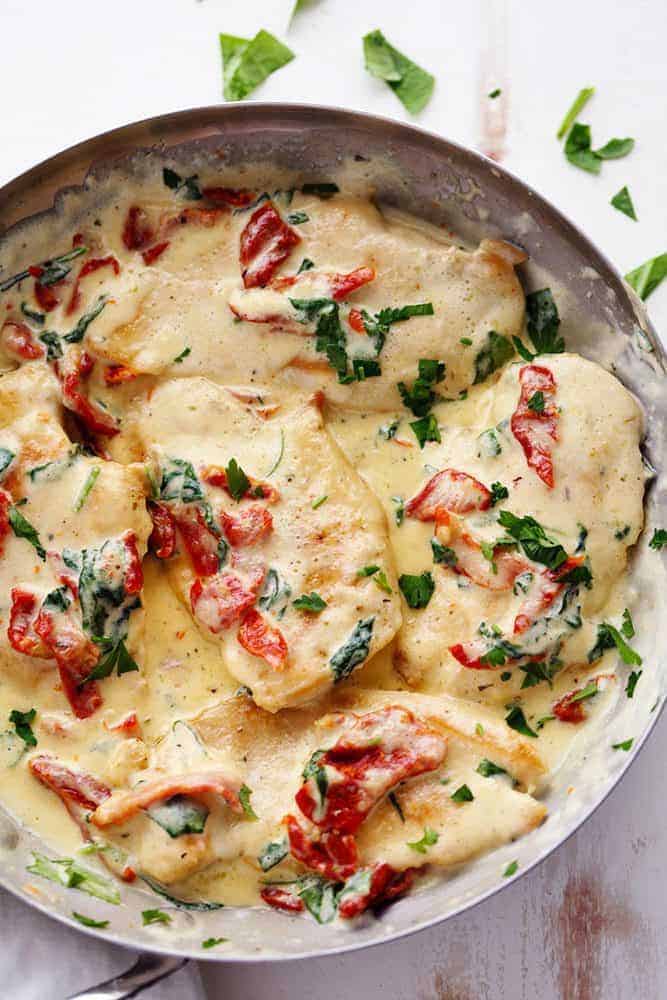 Creamy Tuscan Garlic Chicken in a large pan.