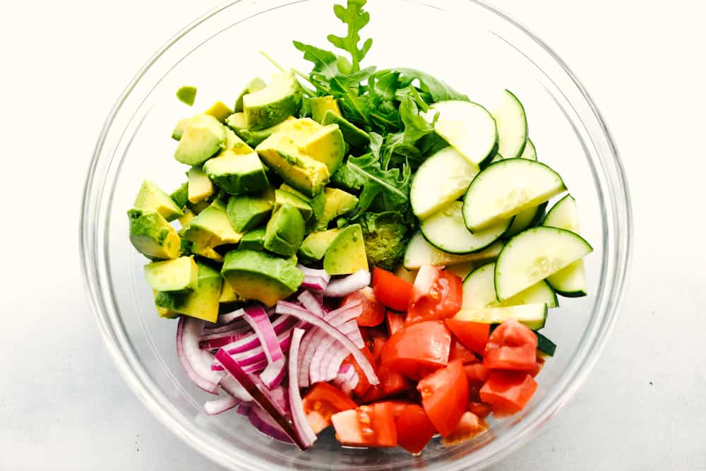 Avocado, Tomato and Cucumber Arugula Salad ingredients 