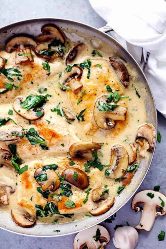 Overhead photo of Creamy Parmesan Garlic Mushroom Chicken in a frying pan and cut mushrooms on the side. 