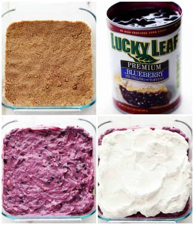 Collage of photos showing the process of making the No Bake Creamy Blueberry Pecan Squares in a clear pan. 