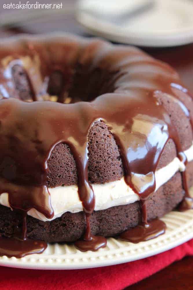 Chocolate Whoopie Pie Cake on a white plate. 